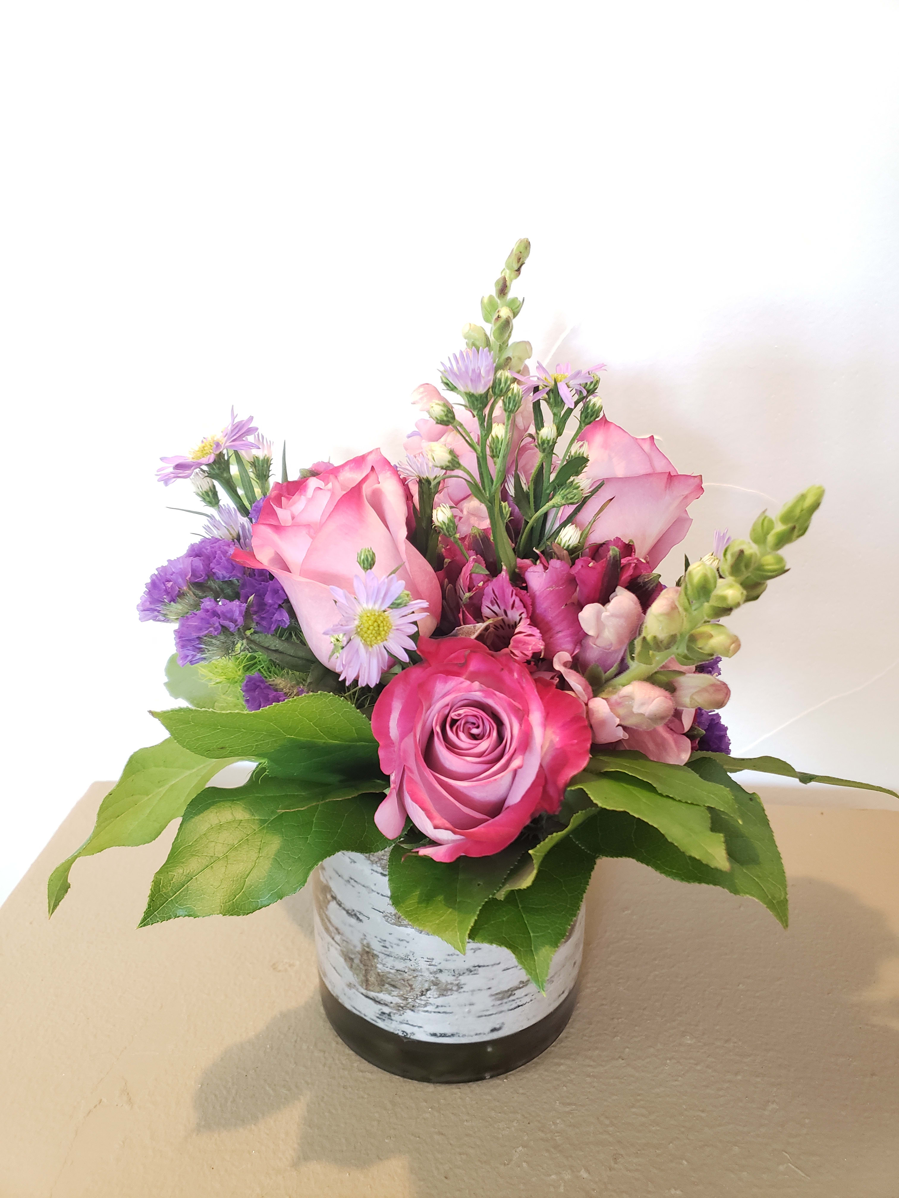 Rustic lavender  - roses, alstroemeria, snapdragons, status, green dianthus balls,  