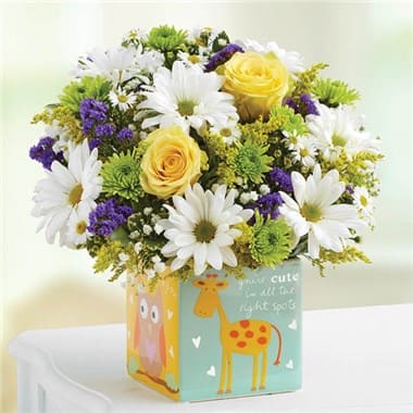 147187BB 147187BB - BEAUTIFUL ARRANGEMENT OF YELLOW ROSES, WHITE DAISIES, GREEN BUTTON POMS WITH PURPLE STATICE AND TOUCH OF BABIES BREATH & SOLIDAGO.