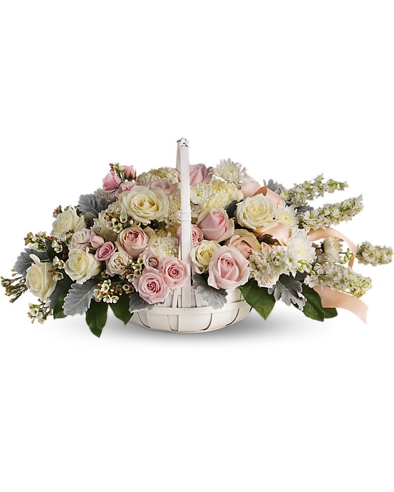 KF_T236-2A Dawn of Remembrance Basket KF_T236-2A Dawn of Remembrance Basket - To offer comfort and consolation these serene softly colored roses and chrysanthemums are nestled in a round white basket with handle. Satin ribbon is threaded throughout to complement the soft look. Beautiful blooms such as white and light pink roses with white larkspur white mums and silvery dusty miller. Arranged in a white handled basket and accented with satin ribbon.