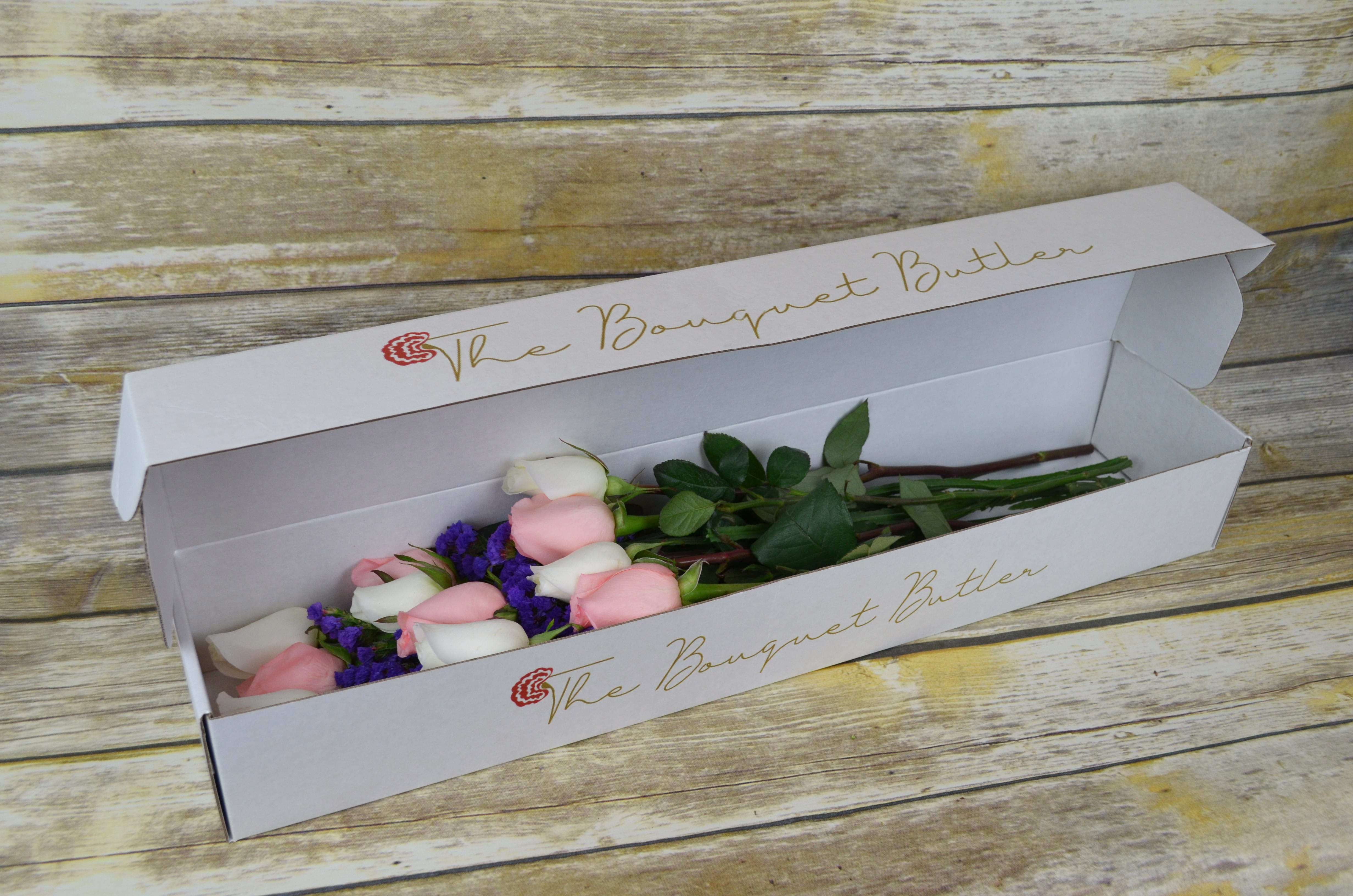 So Sweet - Boxed - The perfect collaboration of pink and white, just right for any occasion. All bouquets are arranged by our professional floral design team accented with seasonal filler (i.e. greenery, baby’s breath, etc.) inside a gift box. Blooms are hand delivered in person to enhance any celebration or a “just because” surprise. Our team selects the freshest flowers available, so shade of rose may vary due to seasonal availability.