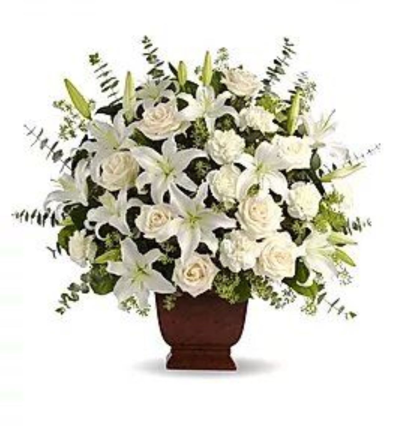 White Serenity Basket White Serenity Basket - All white blooms including: lilies, roses, carnations