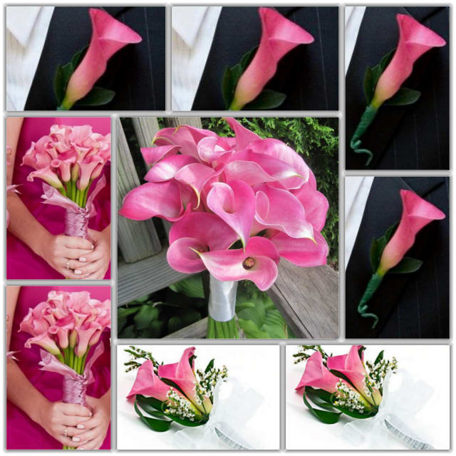PACKAGE #5 Pink Mini Calla or your Own Color - Pink Mini Calla or Choose your our Own Color      1 Bridal Bouquet (20 stems pink mini calla lilies)      2 Maid of Honor Bouquet (each with10 mini calla lilies)     2 Corsages (each with 2 mini calla lilies and bow)     4 Boutonnieres (each with one mini calla lily each)  COLOR AVAILABLE: Pink, White, Purple, Black, Mango