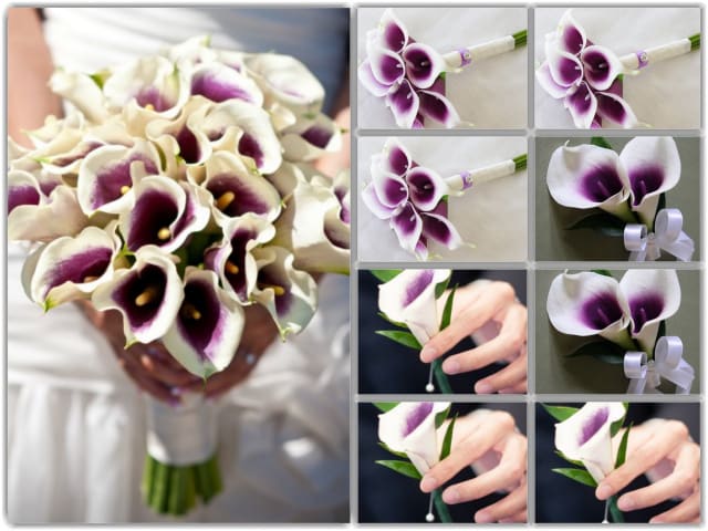 Picasso Mini Calla Lily Wedding Package - PACKAGE INCLUDES:  1 Bridal Bouquet (20 mini picasso calla lilies)  3 Bridesmaids (each with 6 mini calla lilies)  2 Pin Corsages ( each with 2 mini picasso calla lilies and bow)  3 Boutonnieres ( each with one mini picasso calla lily )