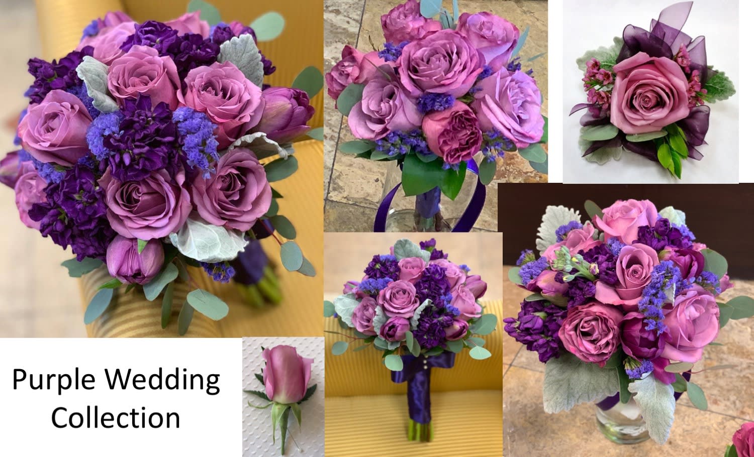 Purple Wedding Collection - Flowers for this package: Purple Roses, Purple Stock, Purple Tulips, Statice, Dusty Miller  Package (A) - Price $495.00 1 Bridal Bouquet 1 Maid of Honor 2 Bridesmaids 4 Boutonnieres 2 Pin Corsages  1 Box Rose Petals  Package (B) - Price $895.00 1 Bridal Bouquet 1 Maid of Honor 2 Bridesmaids 4 Boutonnieres 2 Pin Corsages  1 Box Rose Petals 6 Centerpieces