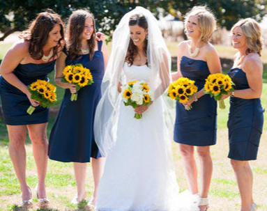 Sunflowers wedding package - 1 Bridal Bouquet (5 sunflowers, 2 white hydrangeas, greens) 3 bridesmaids ( each bouquet with 6 sunflowers and greens) 4 Boutonnieres ( each with one small mini sunflower and greens)