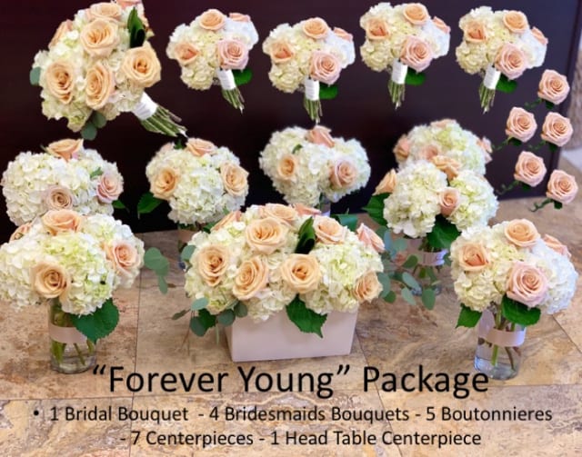 Forever Young Package (any color) - 1 BRIDAL BOUQUET  4 BRIDESMAIDS  5 BOUTONNIERES  7 CENTERPIECES  1 HEAD TABLE CENTERPIECE     Flowers: White Hydrangeas, Mother of Pearl light pink Roses, Silver Dollar Eucalyptus  Colors roses available for this package: Light Pink, Hot Pink, Lavender, Red, White, Cream, Peach, Orange, Yellow.