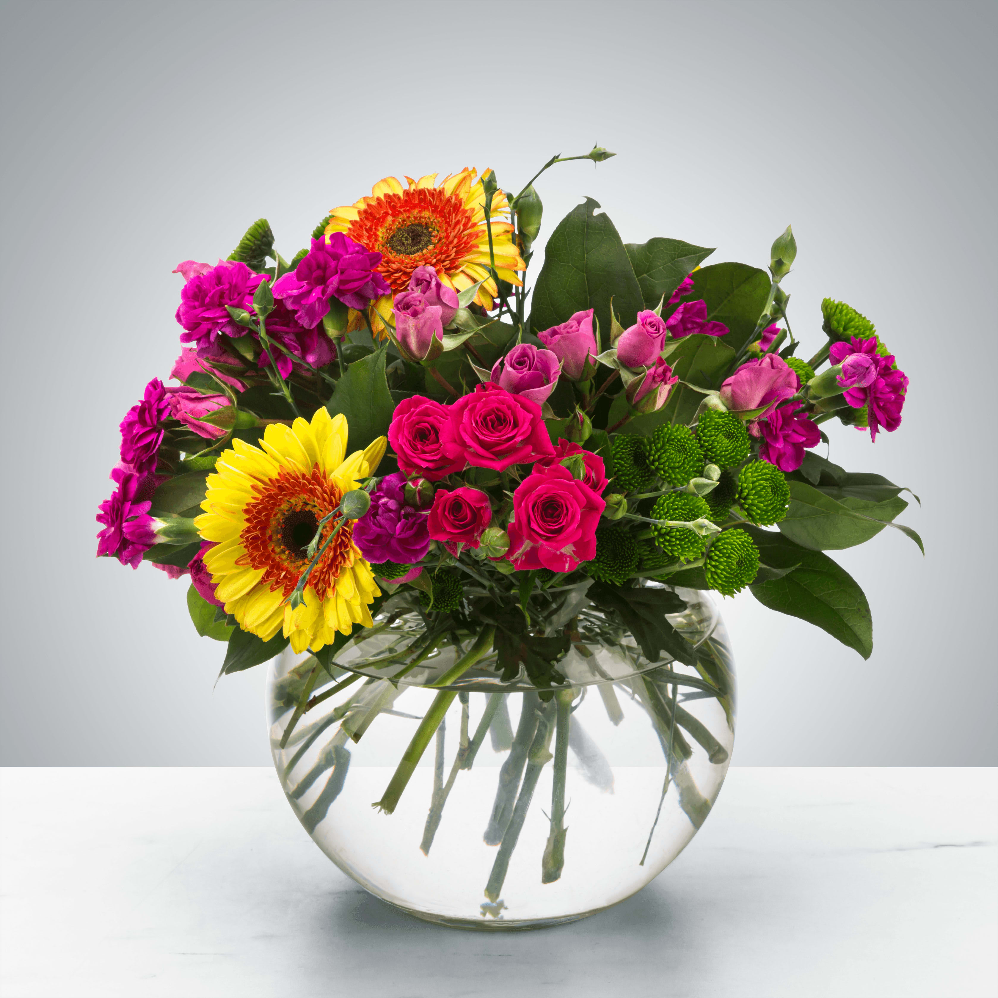 Meadow Magic by BloomNation™ - A bright bubble arrangement featuring button mums, gerbera daisies, and spray roses, this arrangement makes a lovely thank you or just because gift.  Approximate Dimensions: 12''D x 12''H