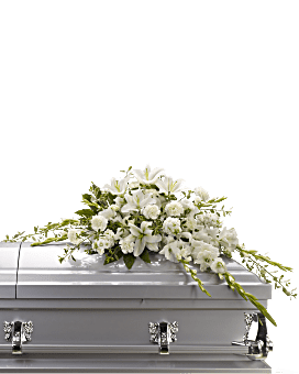 Beautiful Memories Casket By Teleflora - Pay tribute to your beautiful memories with this breathtaking spray of pink hydrangea, roses and lilies. At once dramatic and delicate, it's a feminine reminder of life's greatest love. 