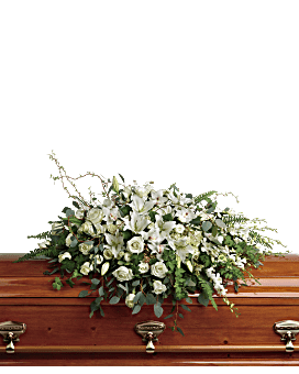 Grandest Glory Casket Spray - Peaceful and majestic, this grand spray of snow white hydrangea, orchids, roses and lilies is a hopeful tribute to a bright life and your unending love.