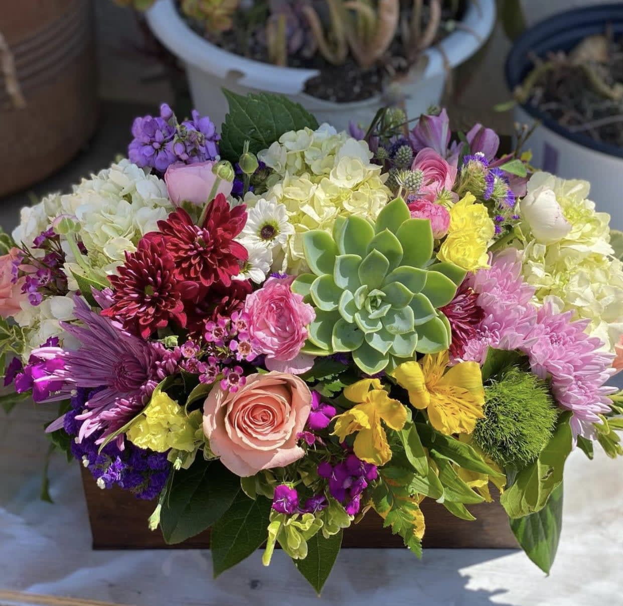 Garden Floral Beauty - This floral arrangement includes roses, spider mums, white and purple pom pom, succulents, green dianthus, purple stocks, hydrangeas, alstroemeria etc all hand arranged in vase.