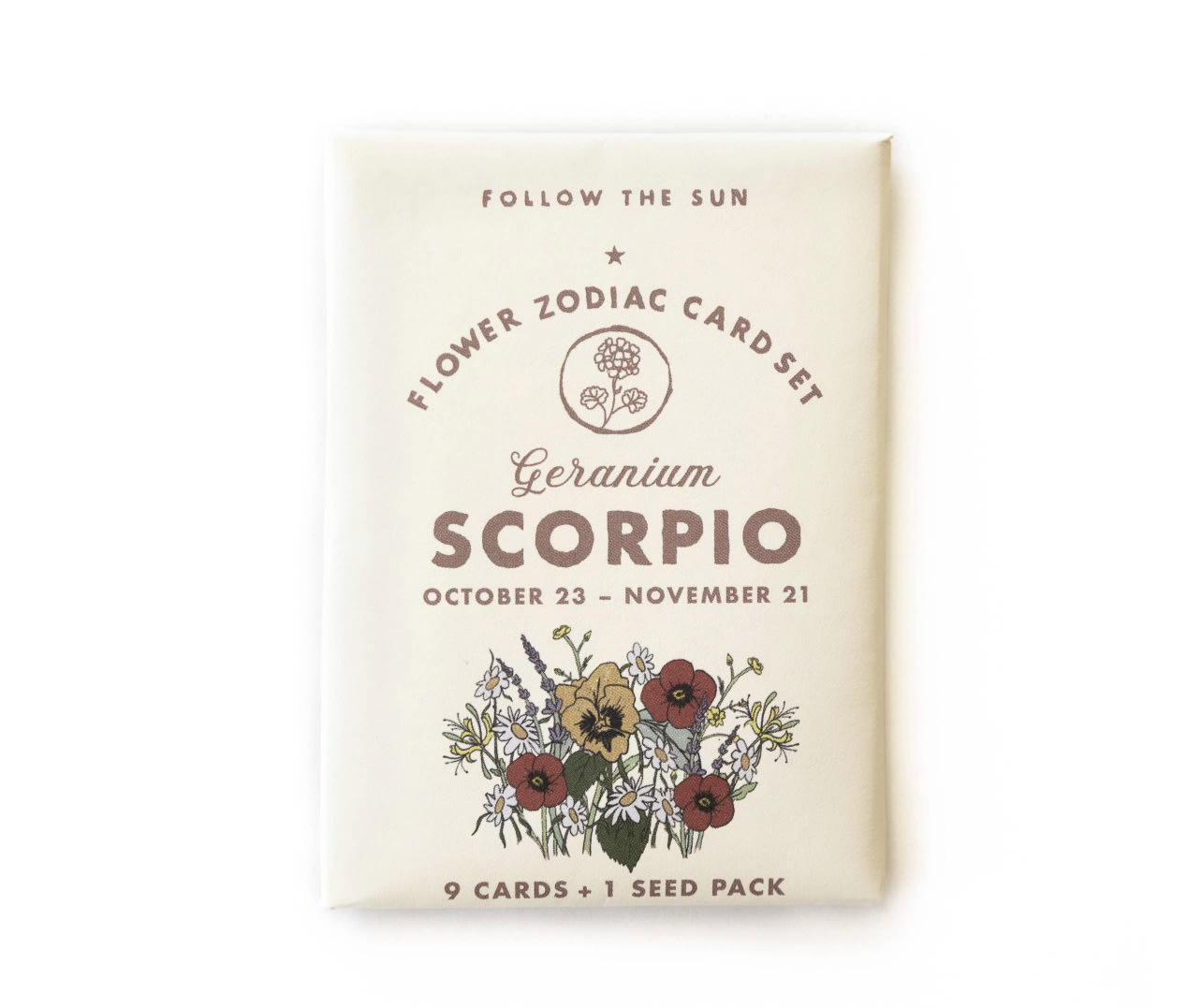 Flower Zodiac Sticker Card Set Scorpio - Inspired by vintage collectible trading card sets, our Flower Zodiac Sticker Card Sets explore the beauty of flowers reflected in the starry night skies above.  Scorpio (Oct 23 - Nov 21) Flower Zodiac Sticker Card Set Contains 9 Sticker Cards + Secret Puzzle + Seed Pack