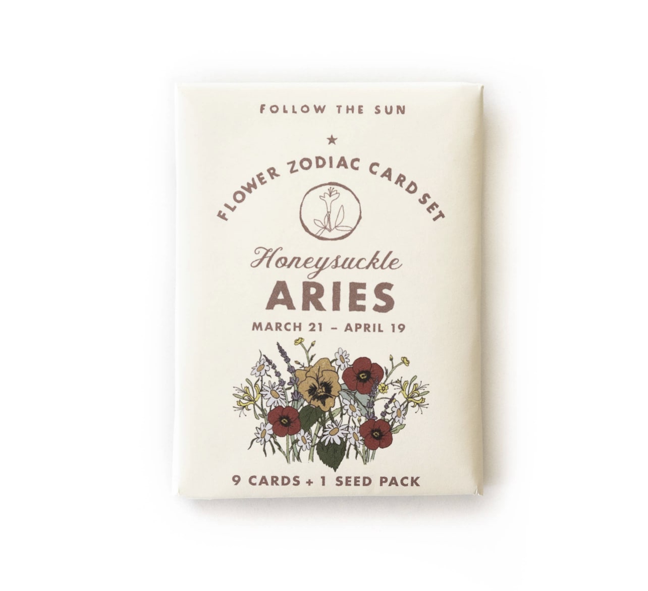 Flower Zodiac Sticker Card Set Aries - Inspired by vintage collectible trading card sets, our Flower Zodiac Sticker Card Sets explore the beauty of flowers reflected in the starry night skies above.  Aries (Mar 21 - Apr 19) Flower Zodiac Sticker Card Set.  Contains 9 Sticker Cards + Secret Puzzle + Seed Pack.