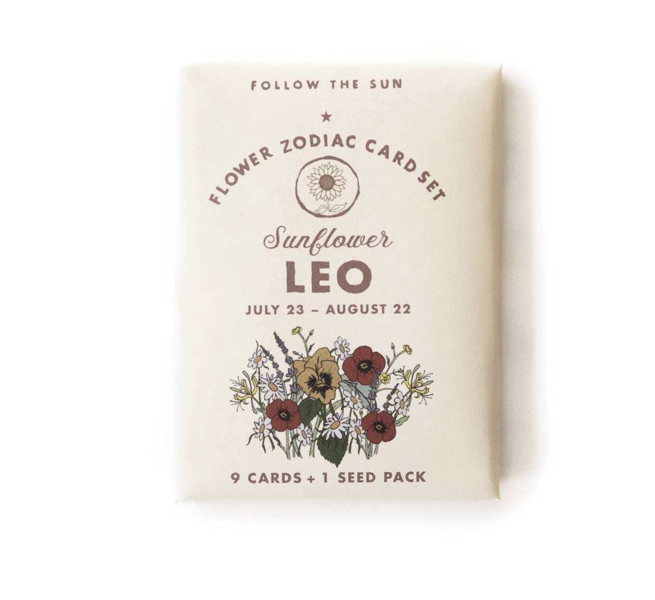 Flower Zodiac Sticker Card Set Leo - Inspired by vintage collectible trading card sets, our Flower Zodiac Sticker Card Sets explore the beauty of flowers reflected in the starry night skies above.  Leo (July 23 - Aug 22) Flower Zodiac Sticker Card Set Contains 9 Sticker Cards + Secret Puzzle + Seed Pack