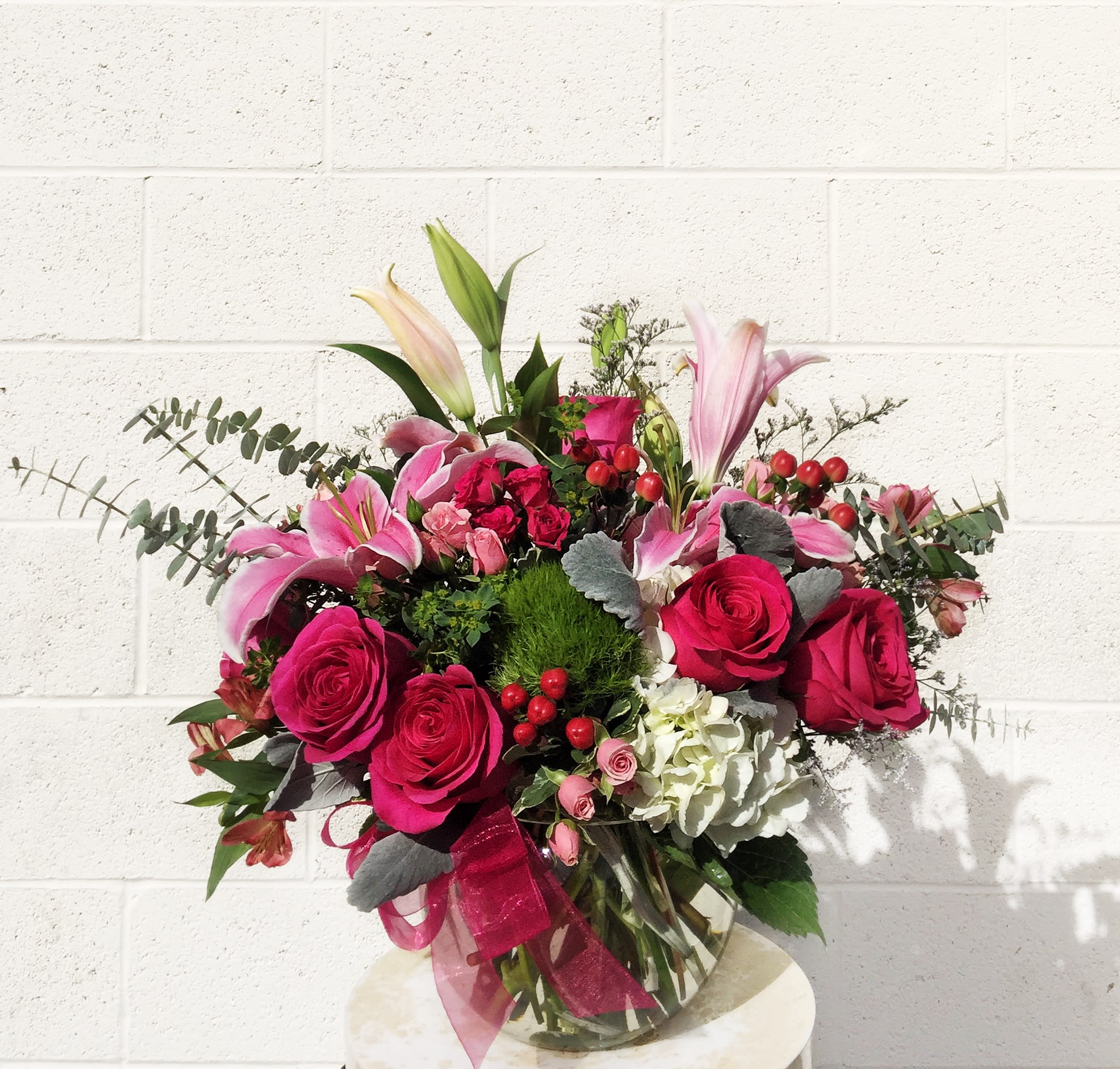 Sweet Pink - A beautiful design including hydrangea, rose, lily, sweet william, fragrant stock and accents in a nice vase. Dimensions: 15&quot; H x 17&quot; L STANDARD: FIRST PHOTO DELUXE: SECOND PHOTO 