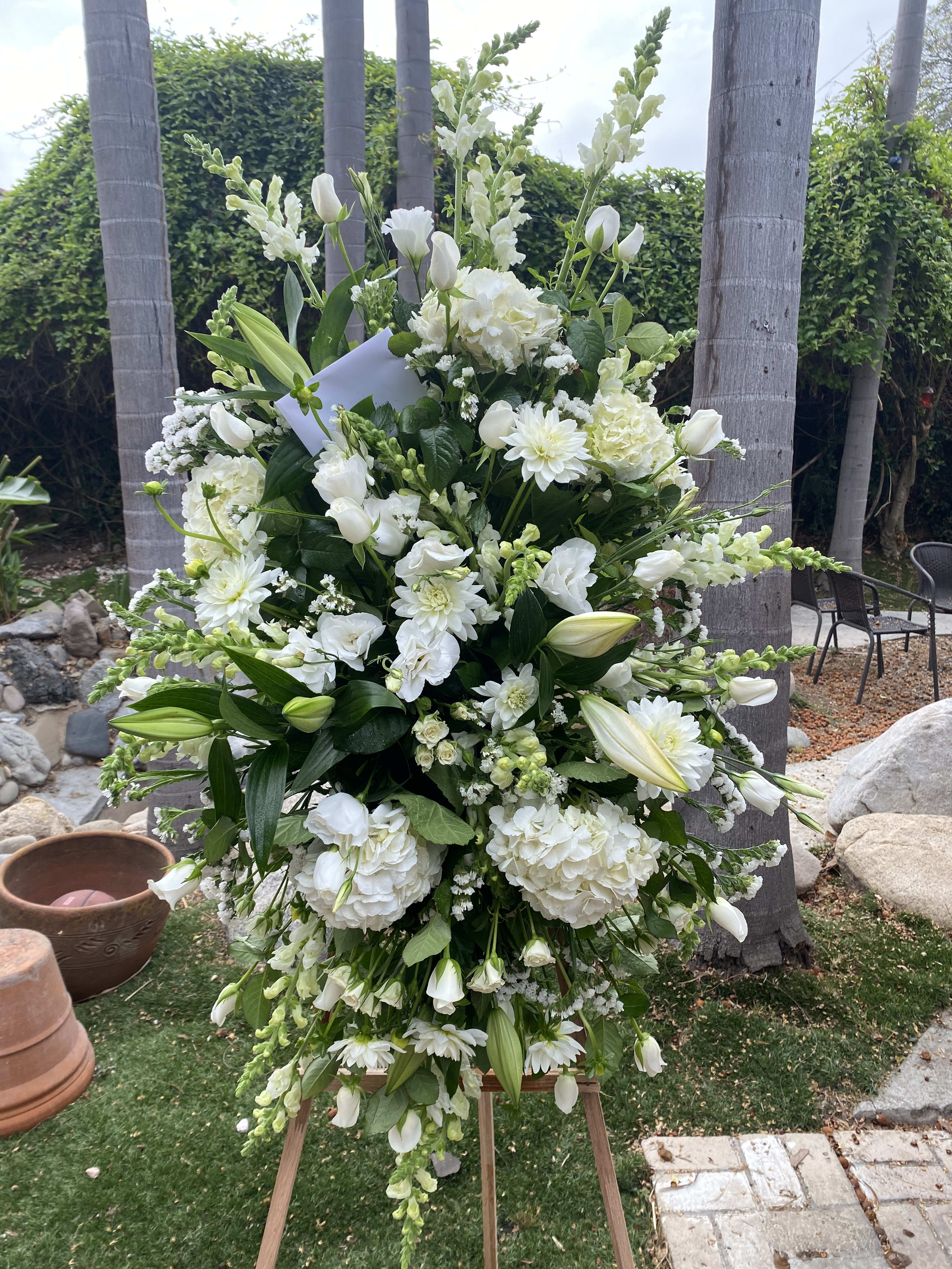 ON SALE WAS $210- BEAUTIFUL ALL WHITE HEALING PRAYERS FUNERAL SPRAY - A BEAUTIFUL WAY TO SEND YOUR DEEPEST CONDOLENCE- STYLISH WHITE BLOOMS, FEATURING ROSES, SNAPS, HYDRANGEA AND MORE.