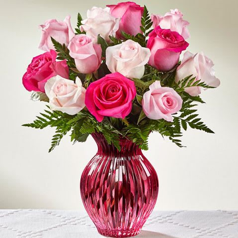 Pink Pink - 6 Light Pink Roses 6 Hot Pink Roses Pink Vase Will Vary In Style
