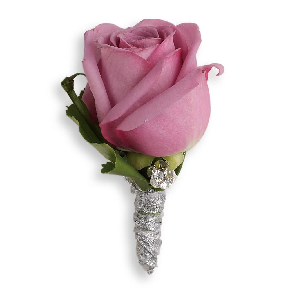 Roses And Ribbons Boutonniere - Keep it sweet and simple with a singularly stunning lavender rose and rhinestone accents. A lavender rose and galax leaf accented with rhinestones.