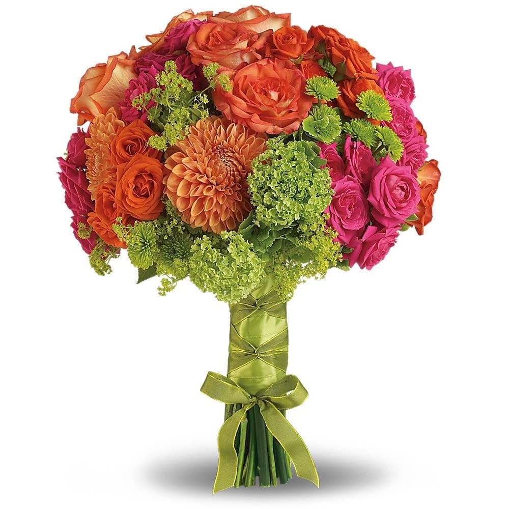 Bright Love Bouquet - You're certainly glowing - why not carry flowers that are, too? This bright bouquet is fabulously fun and fashionable. Orange and hot pink roses are perfectly paired with orange dahlias, green hydrangea and button spray chrysanthemums, plus green viburnum and accents of lady's mantle. 