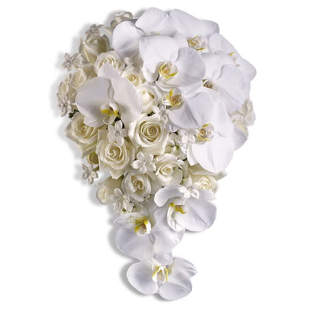 Style and Grace Bouquet - This lovely bouquet is the epitome of elegance, featuring graceful orchids, fragrant stephanotis and classic white roses. Beautiful white orchids, roses and stephanotis. 