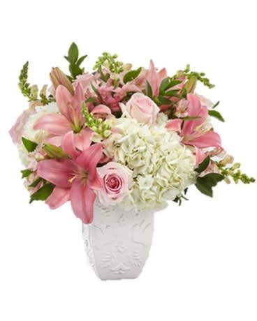 Peace and Hope ™ pink Bouquet Peace and Hope ™ pink Bouquet - WE KNOW THAT THIS VASE IS NO LONGER AVAILABLE, SO WE WILL USE A WHITE VASE INSTEAD. We know that saying farewell to a loved one is often a celebration of life. Our Peace and Hope™ Bouquet sends thoughtfully shares your love with its combination of a pink color palette and an elegant array of roses, snapdragons, hydrangea and alstroemeria. o Good bouquet is approx. 18""H x 17""W. o Better bouquet is approx. 18""H x 18""W. o Best bouquet is approx. 19""H x 19""W.
