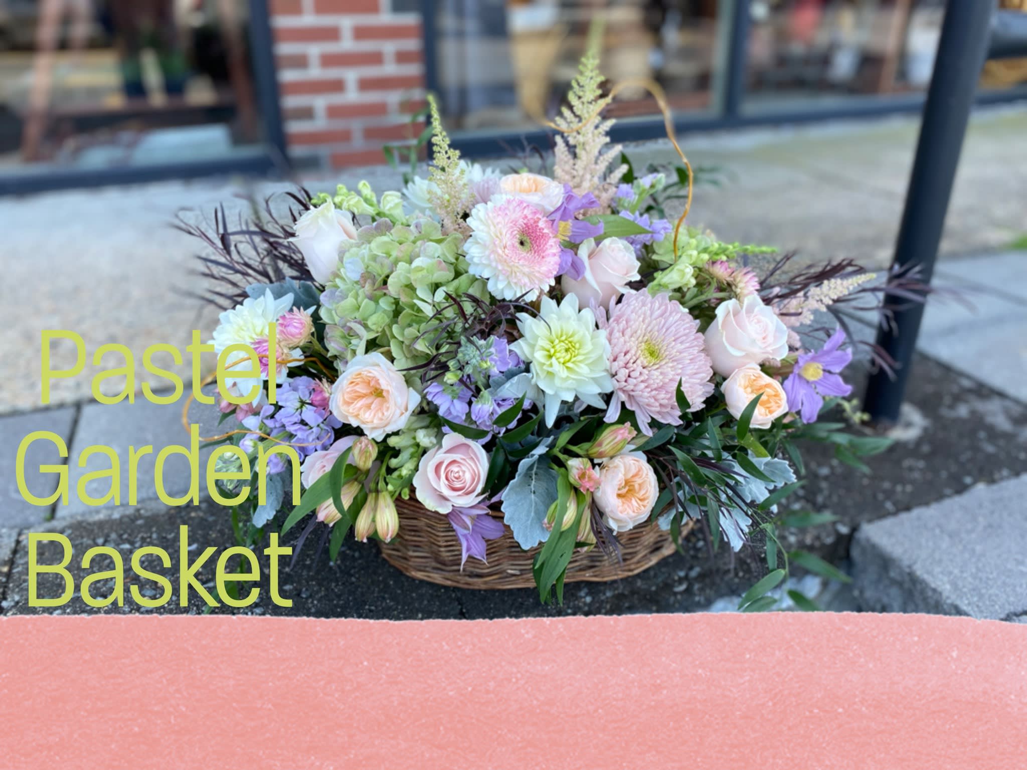 Pastel Garden Basket Pastel Garden Basket - Our various garden basket arrangements are always in demand. We decided to show the basket in different color palettes and flowers. This pastel basket is full of some of the most popular flowers in this color palette; ranunculus, clematis, tulips, hydrangea, roses etc. It is a beauty, and a great show of sentiment for so many occasions.