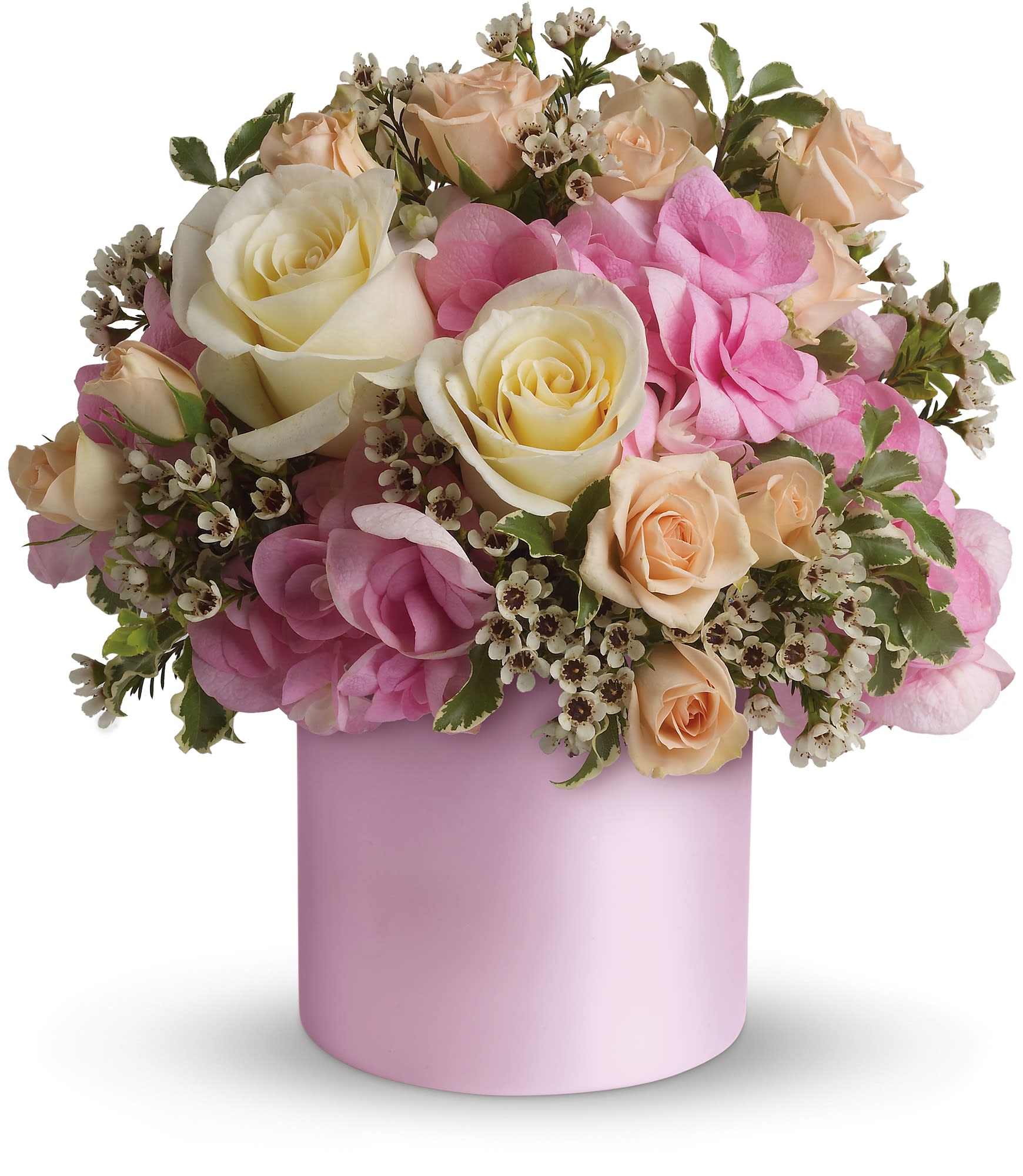 Teleflora's Blushing Beauty  - The thank-you that you get for sending this beautiful bouquet might make you blush! It's so sweet, so soft and so special. With lovely flowers delivered in a pink satiny vase, what woman wouldn't love this - or you for sending it? 