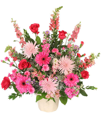 Beautiful Soul  Funeral Flowers - Send your deepest condolences with the Beautiful Soul sympathy basket of flowers that is perfect for any funeral, wake, or memorial service. Roses, Gerberas, and chrysanthemums in bright pinks and vibrant reds ideal for the celebration of the life of a woman near and dear to the hearts of many. 