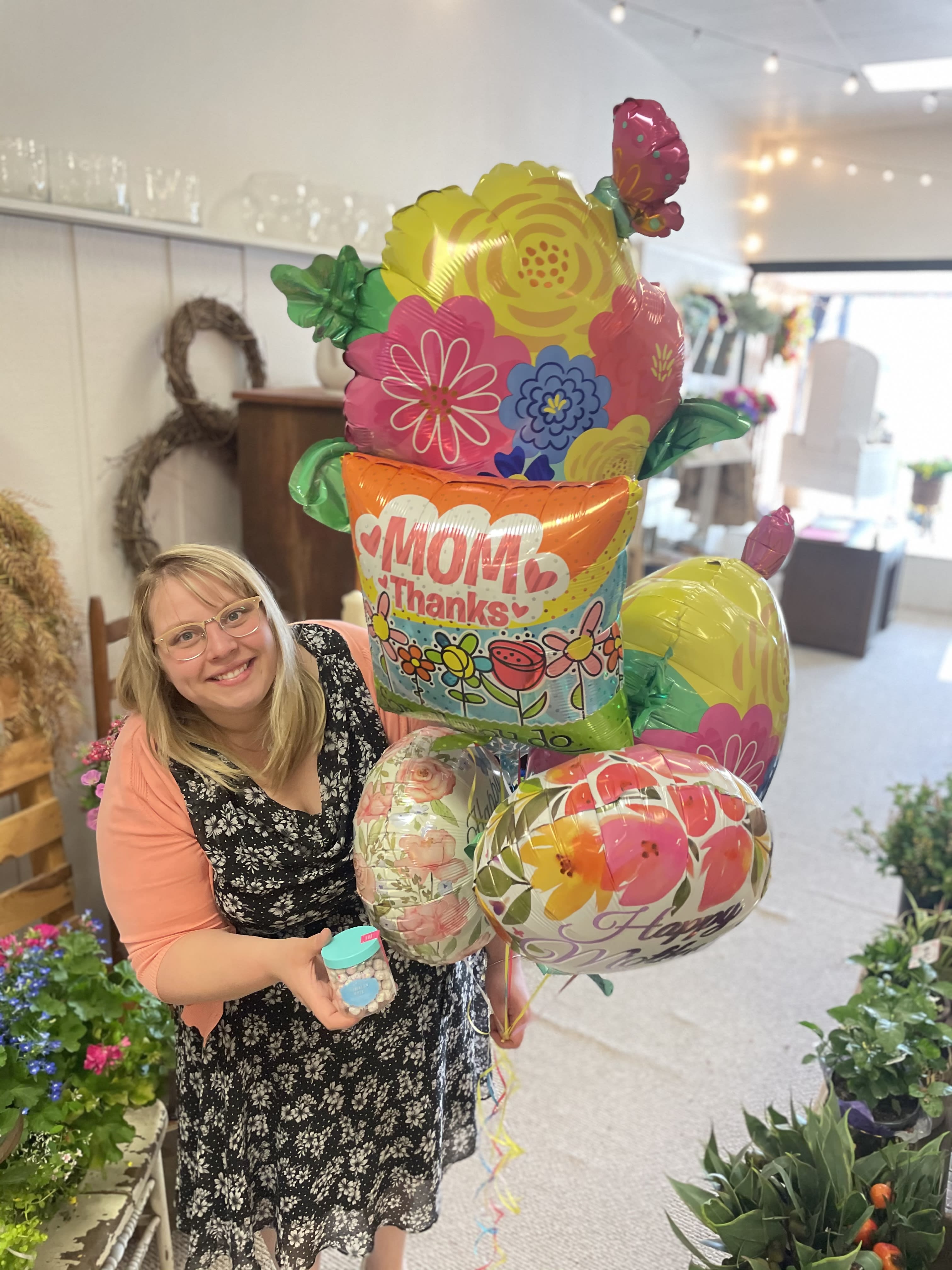 Balloon Bouquet - Balloons are such a show stopper and can last DAYS!!!  Balloon bouquets include 3 mylar balloons, 5 coordinating latex balloons, and two jars of gourmet candy!  Unless indicated Blooms &amp; Things will select two fun and tasty candies of our choice.