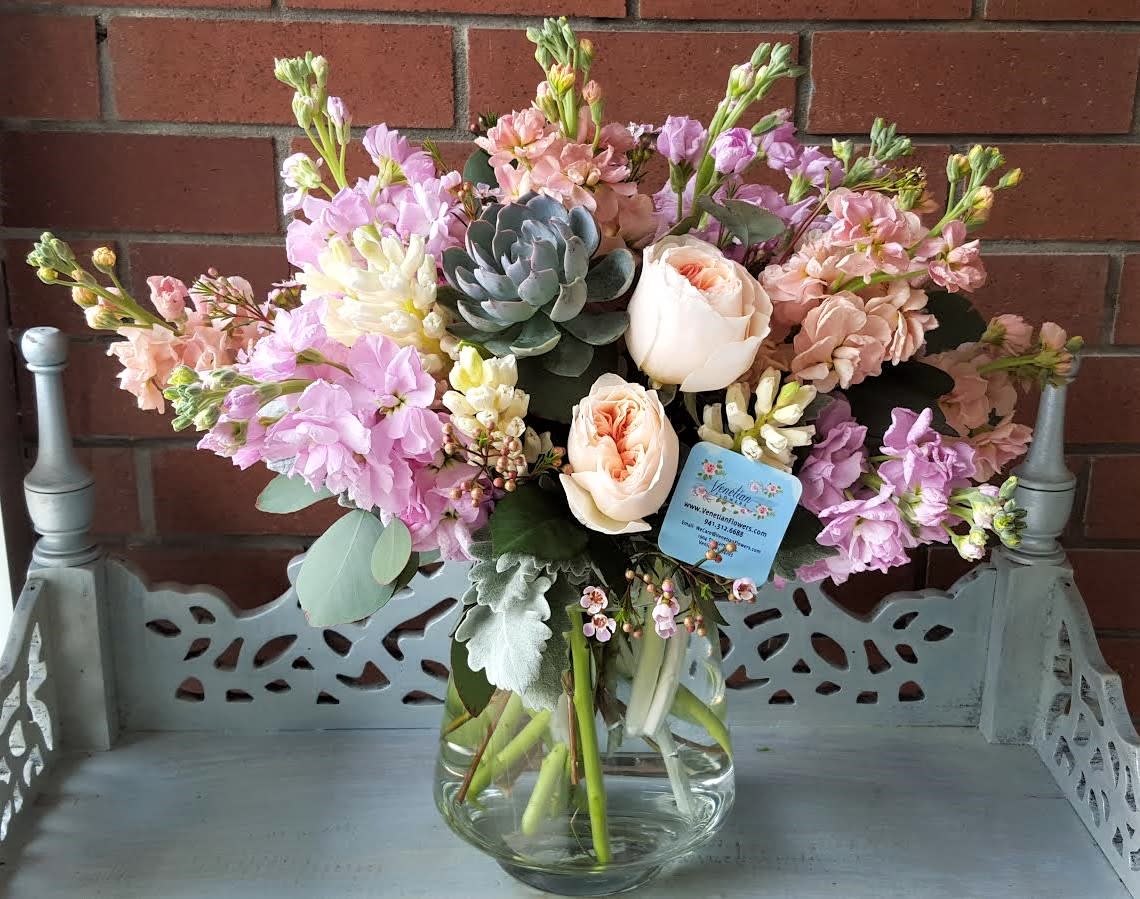 Garden Of Fragrance - Pastel colored stock with beautiful organic garden roses &quot;Juliet&quot;, a succulent and hyacinths accented with silver dusty miller