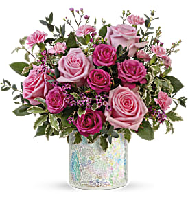 Gorgeous Glimmer Mosaic Gorgeous Glimmer Mosaic - This iridescent mosaic cylinder vase sparkles even more with the grand array roses in shades of pink and beautiful filler