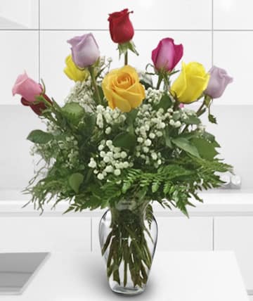 Rainbow of Roses - A colorful mix of roses in a vase.  Substitutions of equal or greater value may be made depending on season and availability of product or container. 