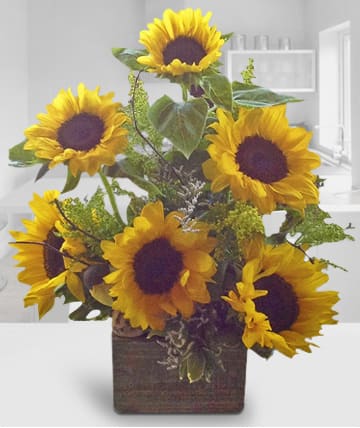 Sunny Sunflowers - Suny sunflowers in woodtone container.  Substitutions of equal or greater value may be made depending on season and availability of product or container. 