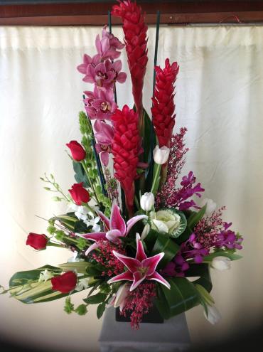 just stunning - Orchid, stargazer lilies, ginger. red roses  