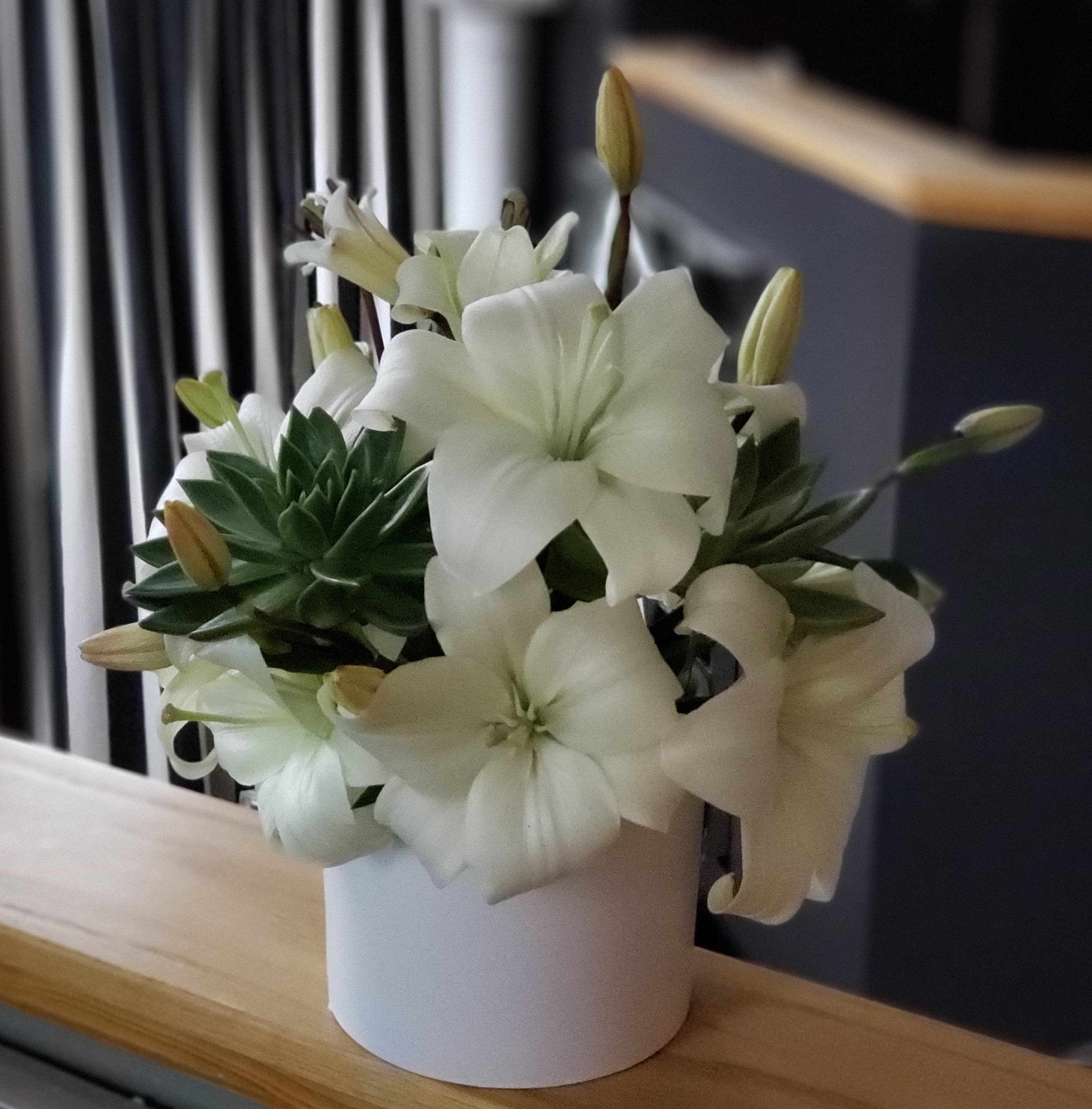 Succulent Lily - White asiatic lily with succulents in a white ceramic container