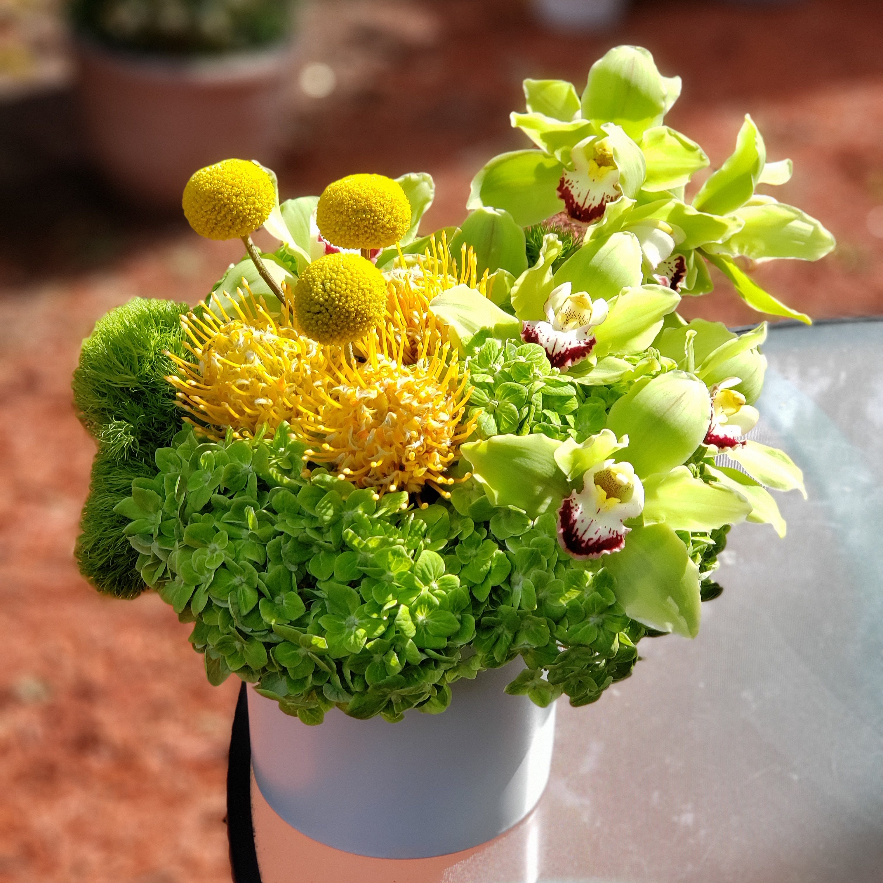 Verde Sol - Hydrangeas, trick, cymbidium orchids, pin cushion protea, &amp; billy balls in a round white container. 