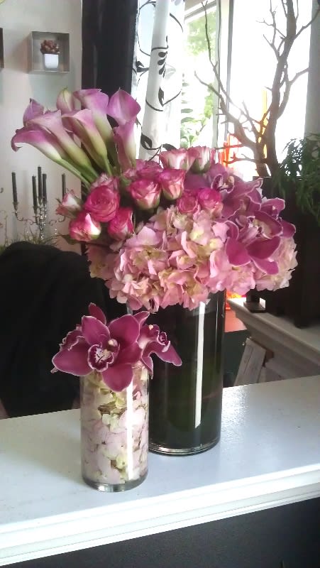 Pretty in Pink - Calla lilies, spray roses, hydrangea, &amp; cymbidium orchids in glass cylinders. 2pcs.