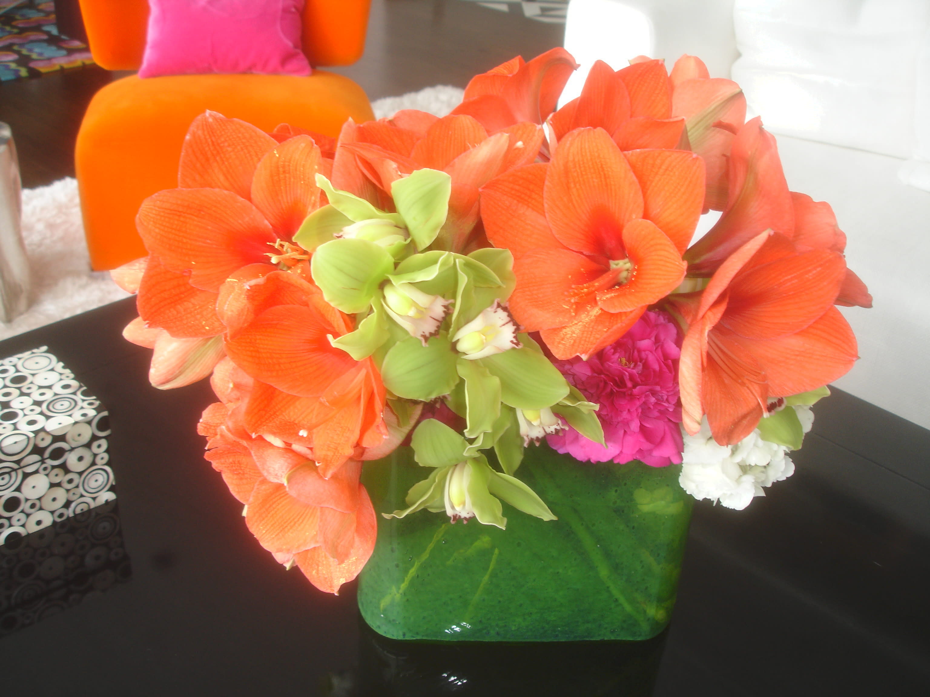 Darling Nikki - Amaryllis, peonies, hydrangea, &amp; cymbidium orchids in a glass container.