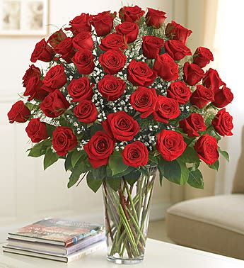 Ultimate Elegance Premium 4-Dozen, (48) Long Stem RED Roses - Product ID: 95432  Because your sweetheart deserves to be romanced with all the love in your heart, send a luxurious bouquet of the freshest premium long-stem red roses. Whether you choose two, three or four dozen, each truly original arrangement is hand-gathered by our select florists in a classic glass vase to help you express yourself perfectly. Premium long-stem red roses, artistically arranged by our expert florists and accented with fresh gypsophila Available in bouquets of two dozen, three dozen and four dozen roses 2 dozen arrangement measures approximately 23&quot;H x 18&quot;L 3 dozen arrangement measures approximately 23&quot;H x 18&quot;L 4 dozen arrangement measures approximately 23&quot;H x 18&quot;L Hand-arranged in a classic clear glass vase; vase measures 11&quot;H Our florists hand-design each arrangement, so colors, varieties, and container may vary due to local availability