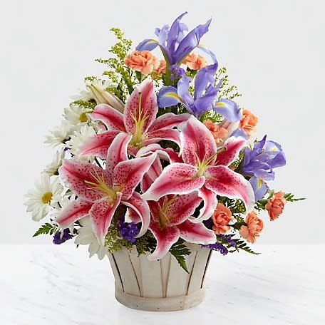 Wonderous Wonderous - Stargazer lilies stretch their fuchsia petals out amongst an arrangement of blue iris, white traditional daisies, orange mini carnations, purple statice and yellow solidago in a round whitewash handled basket