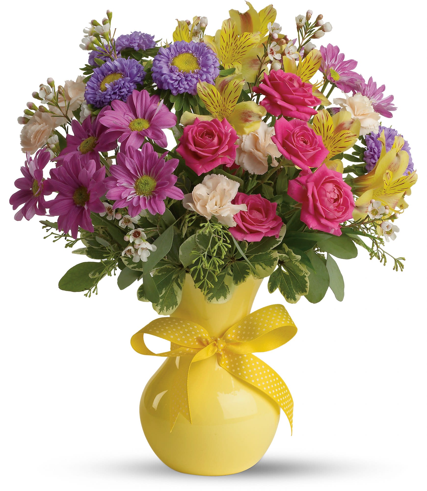 Color It Happy  - Whichever season of the year, this charming bouquet is like a breath of spring. A gorgeous multicolored bouquet in a yellow vase tied with a yellow ribbon - couldn't be springier! 