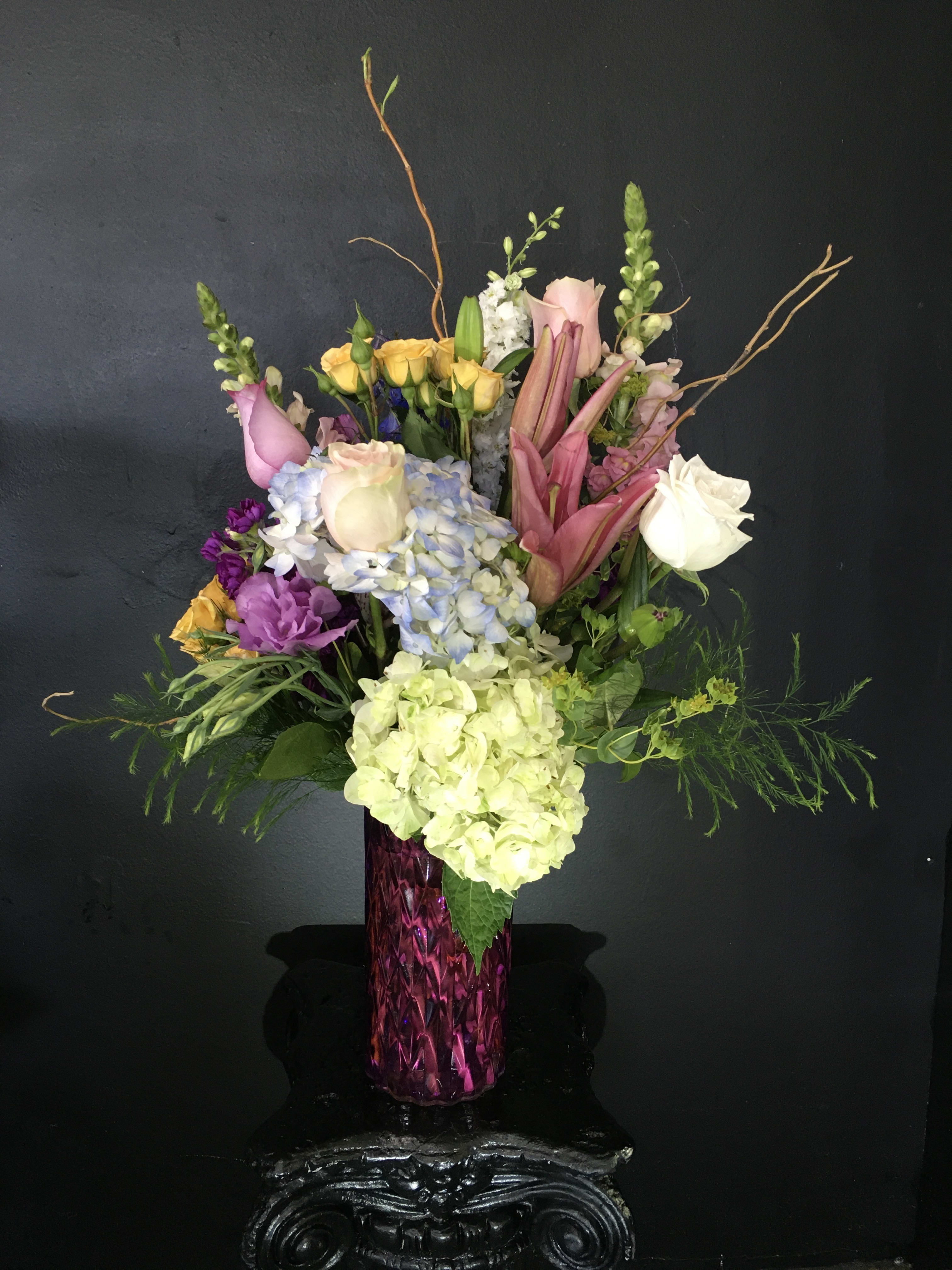 Mom's Favorite - beautiful mixed bouquet in a gorgeous purple vase