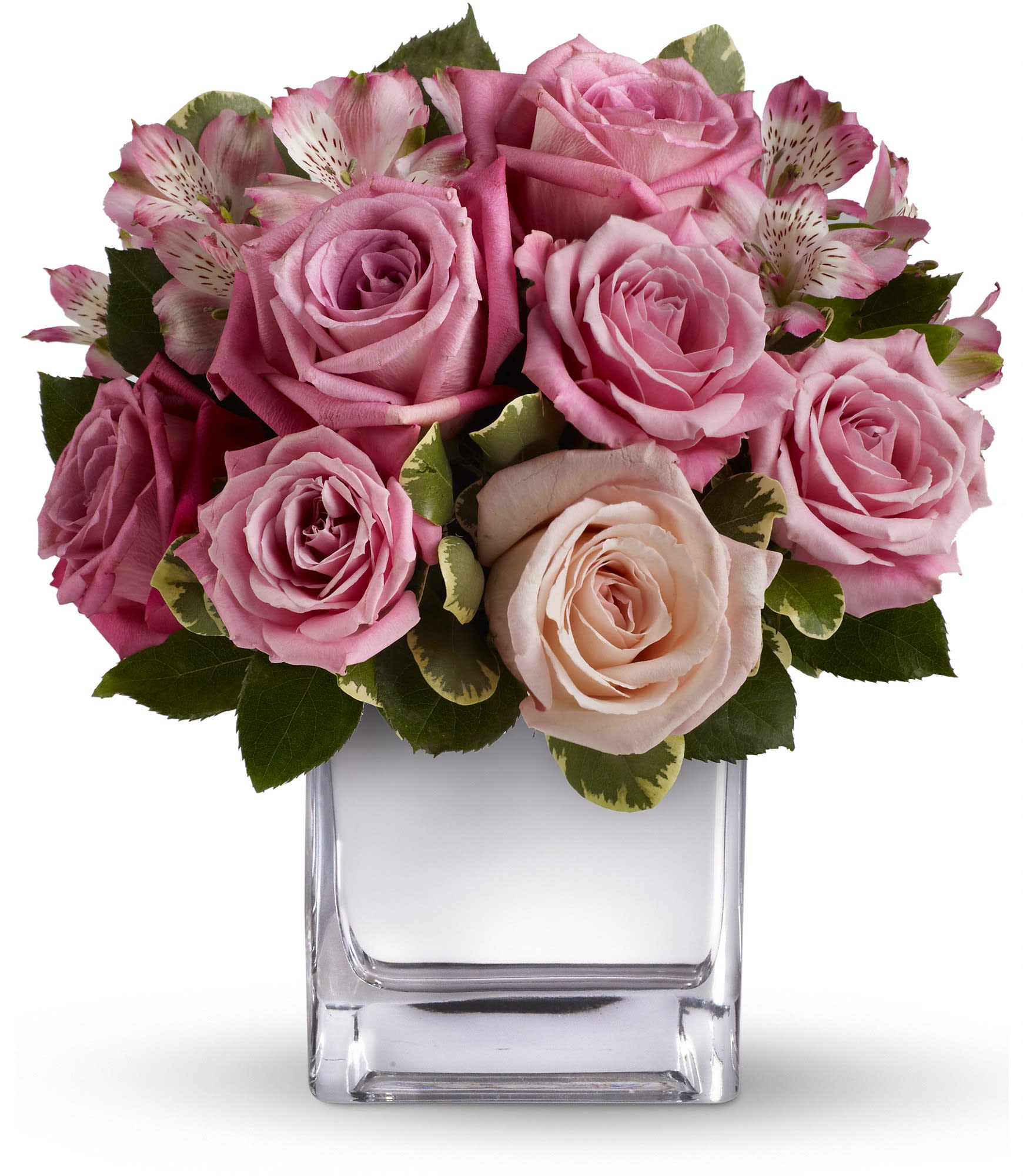 Teleflora's Rose Rendezvous Bouquet - This tastefully terrific bouquet features soft pink and lavender roses in a sleek contemporary silver cube vase. Understated and spectacular at the same time, it is a gorgeous gift that she'll long remember. 