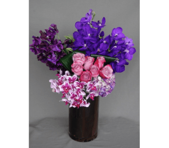 Orchid Abundance  - Beautiful, interesting mixture of fresh roses and orchids in bold and soft purples.   Product ID: DE-716018-A