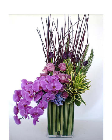 Paraiso - Stunning bouquet of beautiful phalaenopsis orchids, gorgeous tulips and roses, and lovely hydrangea adorned with luscious greenery. Stands tall with branches in a vase lined with flax leaves.  Product ID: df-1319
