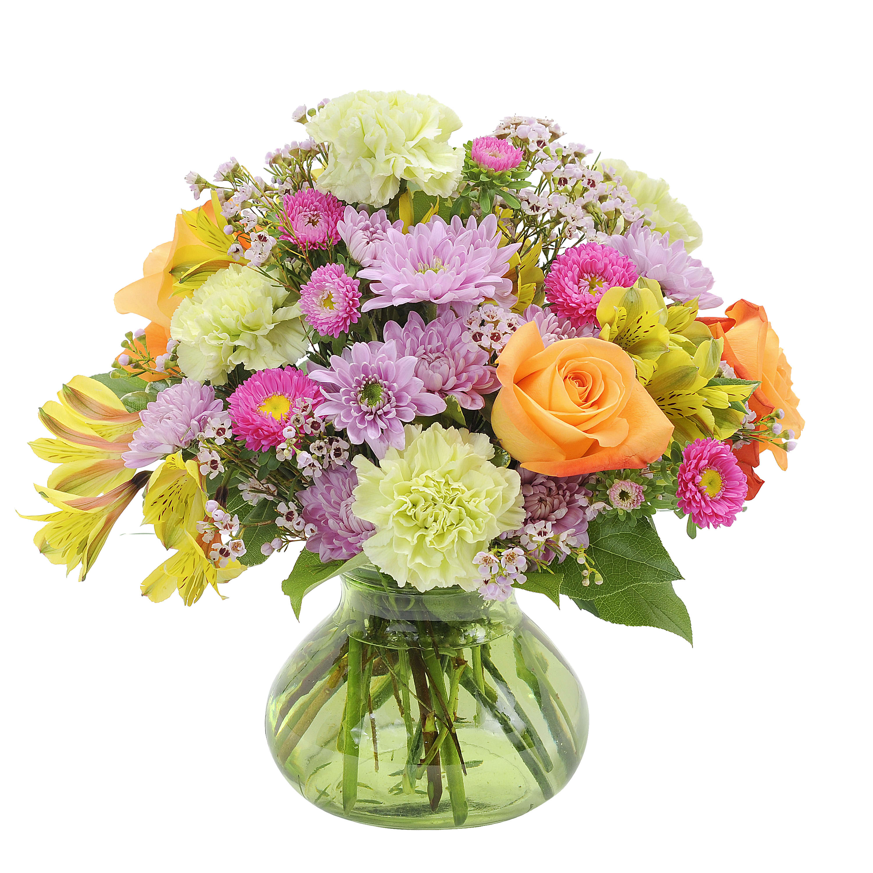 Spring Glory TMF-551 - Long lasting varieties of beautiful blooms, including roses, arranged in a pastel vase.	Approximately 10&quot; wide by 10&quot; high