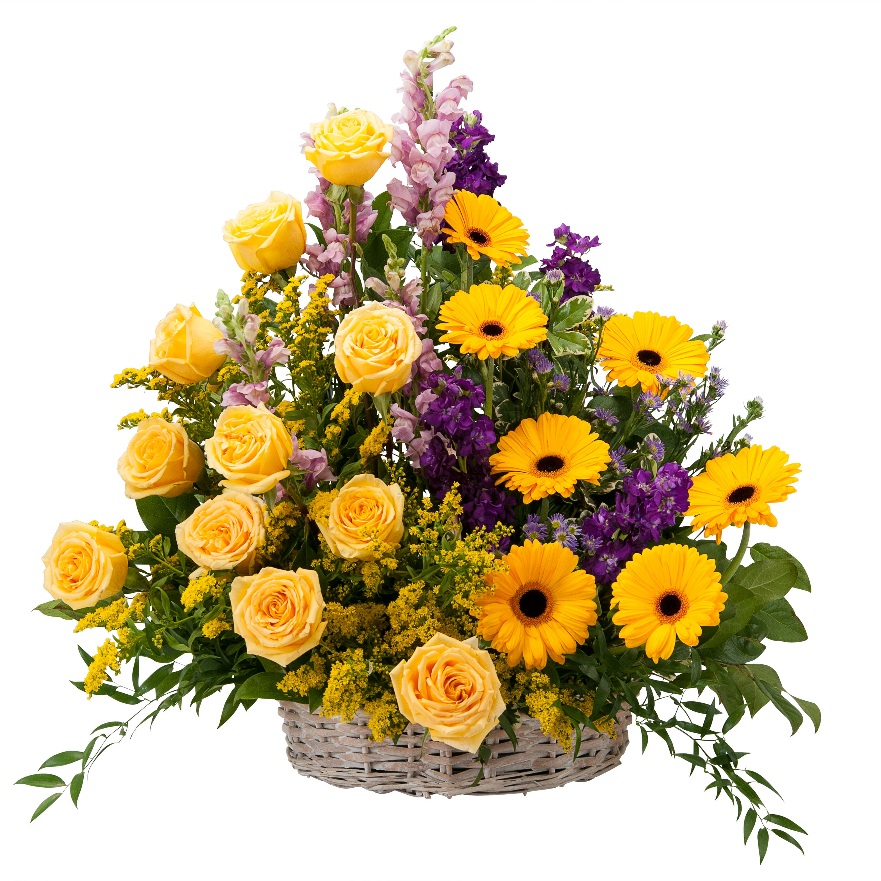 Vivid Memories Basket Tribute TMF-760 Vivid Memories Basket Tribute TMF-760 - A white wicker basket filled with a beautiful selection of yellow and purple blooms. Approximately 20 " wide by 24" high