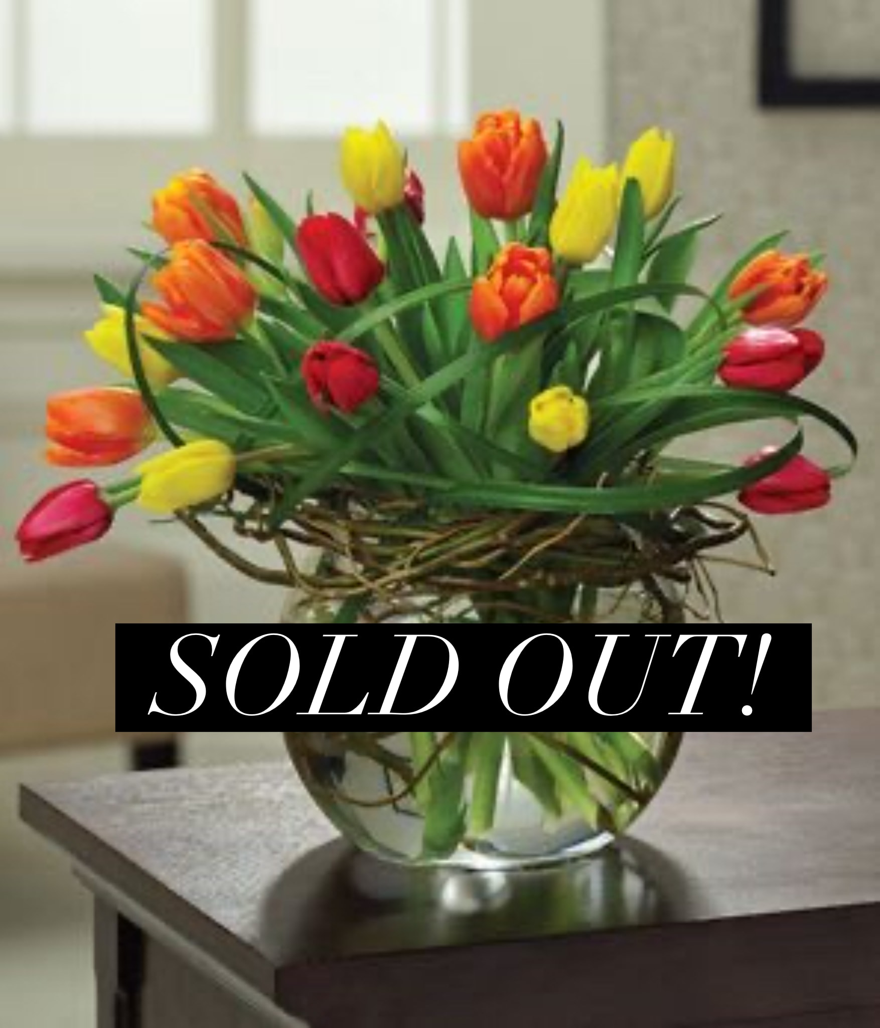 Splendid Tulips - Mixture of Beautiful Tulips in Round Glass Vase with Curly Willow