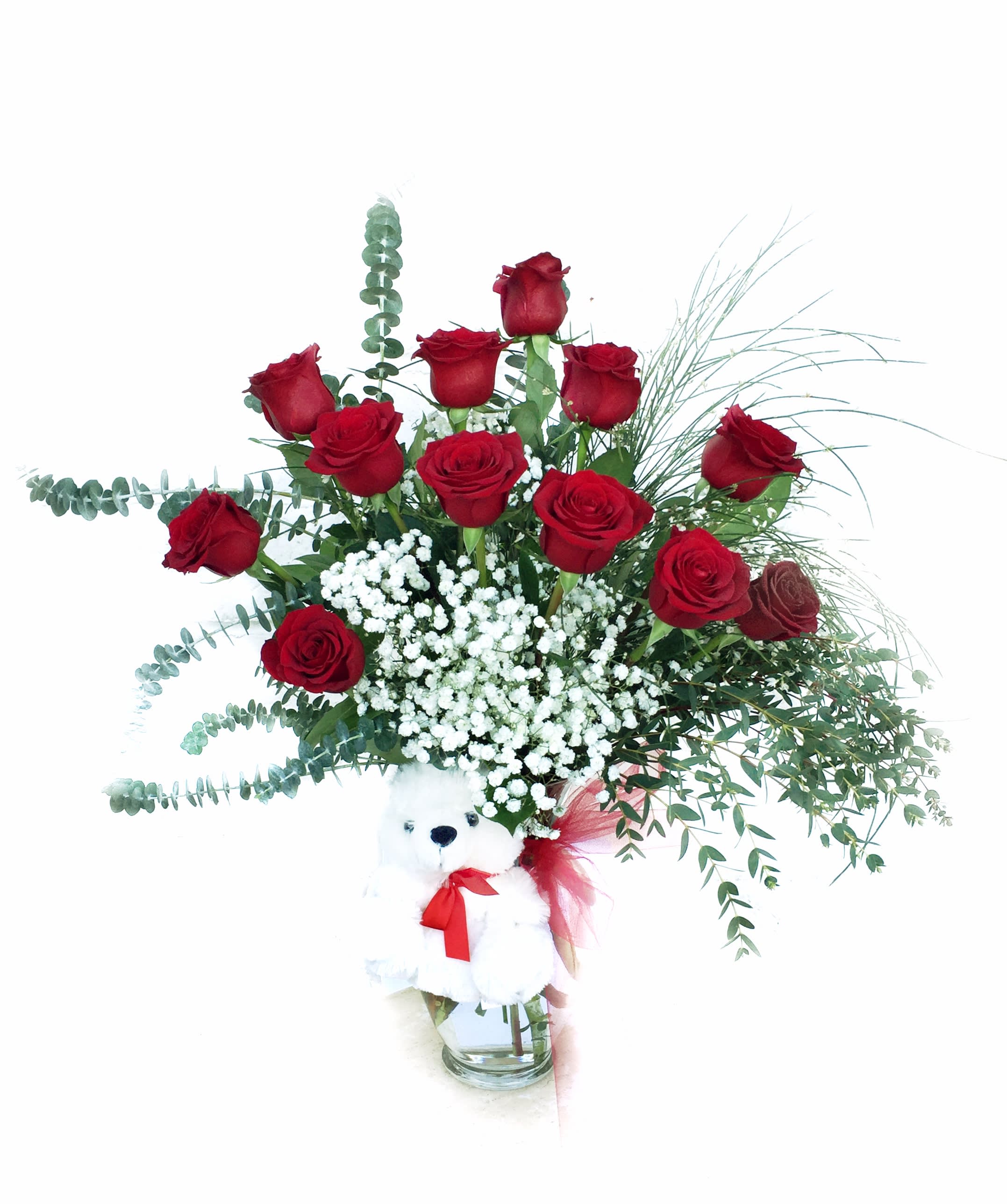 Dancing Roses LONG-STEM ROSES - Long-stemmed Ecuadorian red roses with accents in a tall glass vase and a cute Teddy Bear STANDARD: 12 ROSES DELUXE: 24 ROSES PREMIUM: 36 ROSES