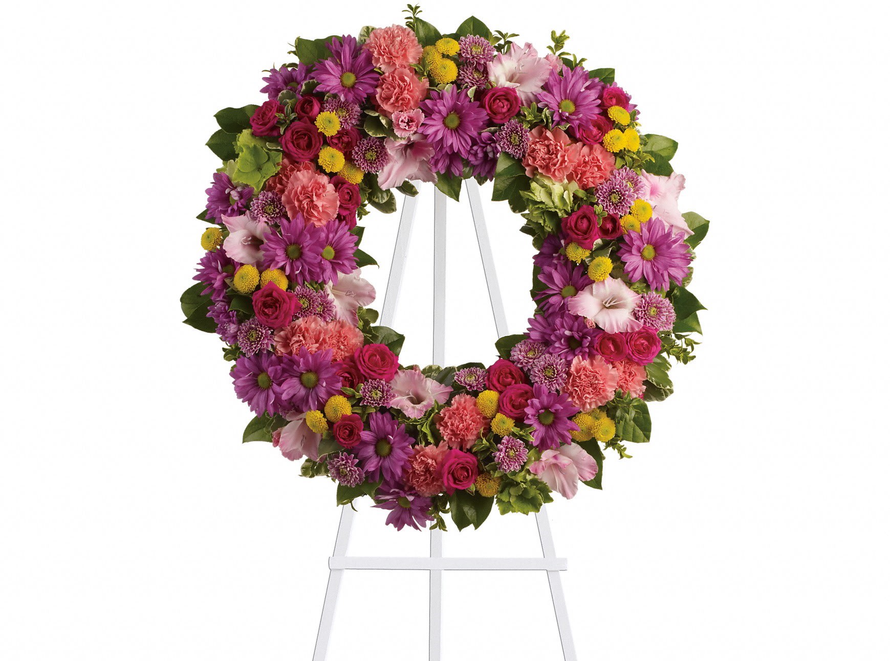  Ringed by Love - The memory of brighter days is always a comfort to those in mourning. This lovely wreath will display your compassion beautifully.  Orientation: One-Sided