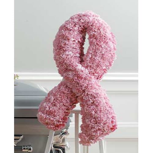 Pink Ribbon Standing Spray  - Standing spray contains light pink carnations and pink variegated carnations.